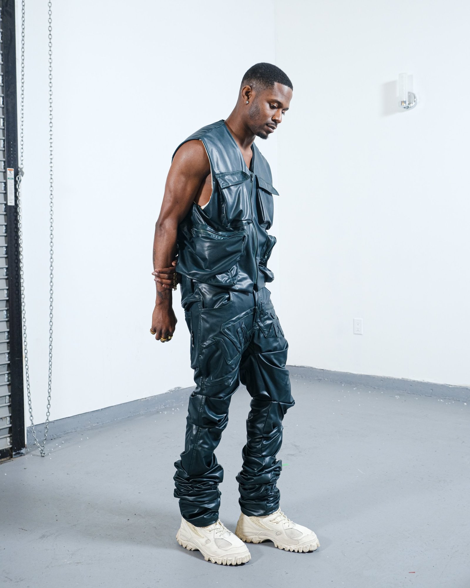 UGLIE look 01, slate utility vest and trouser set