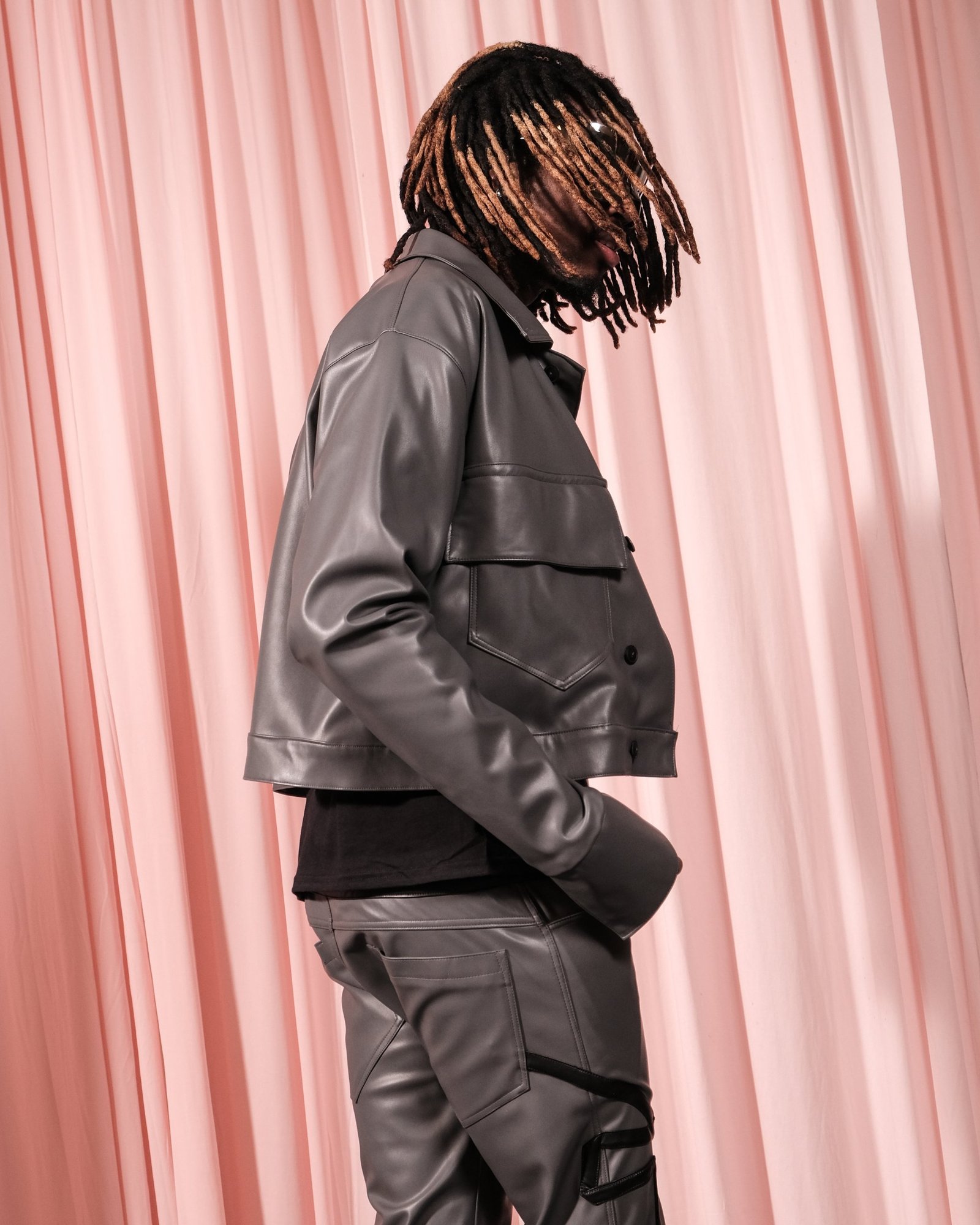 UGLIE look 06, graphite leather jacket and trouser set