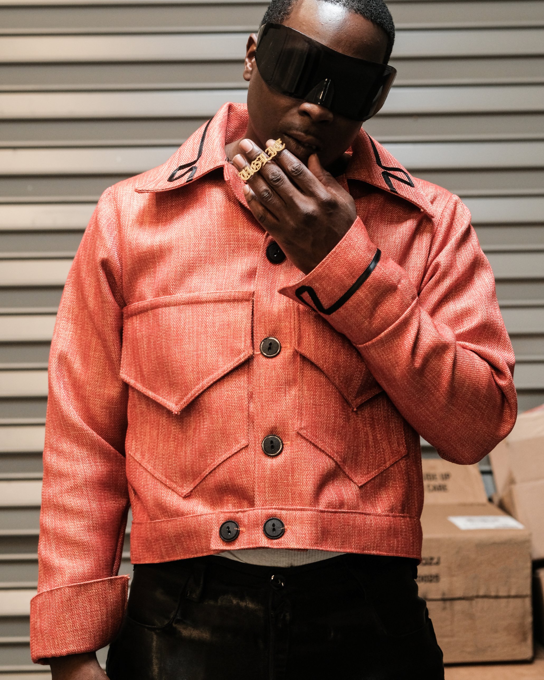 UGLIE look 10, coral cropped trucker jacket